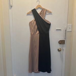Ann Taylor One-Shoulder Two-Tone Dress in Black & Taupe